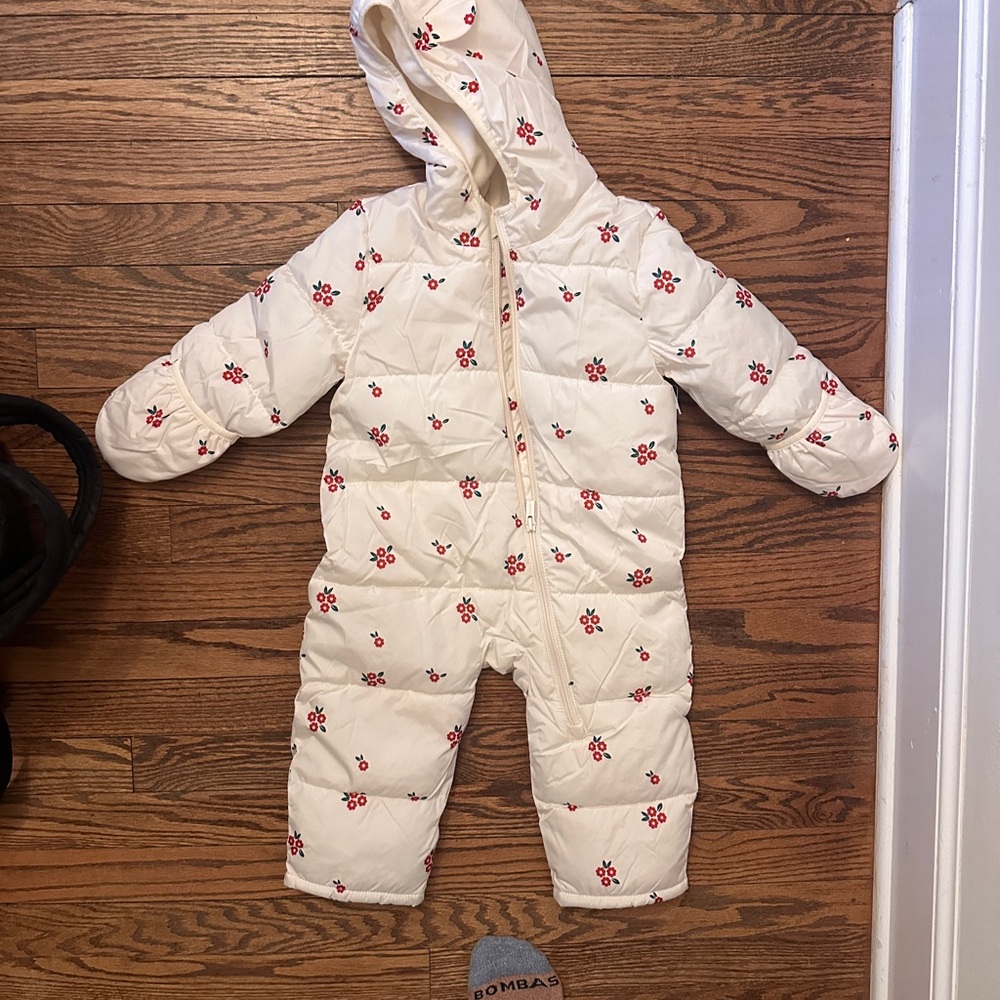 Old Navy Cream Puffer Snowsuit with Red Floral Accents